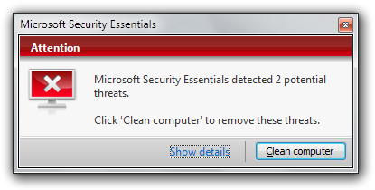  Всплывающее уведомление Microsoft Security Essentials о том, что была обнаружена потенциально вредоносная программа.