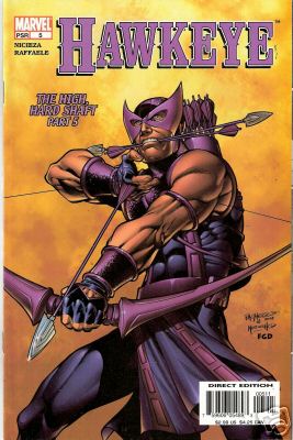 Portada de Hawkeye vol.  3, #5 (abril de 2004), artista Carlos Pacheco.