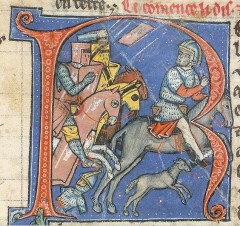 En miniature fra det 13. århundrede, der skildrer Nur al-Din Mahmuds flugt fra slagmarken.  Fra William of Tyres Histoire d'Outremer (British Museum).