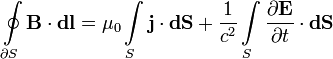 \oint\limits_{\partial S}\mathbf{B}\cdot \mathbf{dl}
=\mu_0\int\limits_S\mathbf j\cdot \mathbf{dS}
+\frac{1}{c^2}\int\limits_S\frac{\partial\mathbf{E}}{\partial t}\cdot \mathbf{dS}