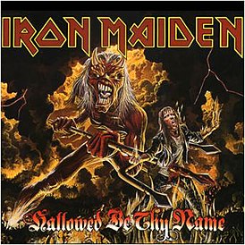 Iron Maiden'ın "Hallowed Be Thy Name (canlı)" single'ının kapağı (1993)