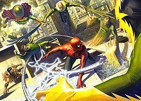 Sinister Six original (format din Kraven Vânătorul, Doctor Octopus, Mysterio, Vulture, Sandman și Electro) se luptă cu Spider-Man.  Artistul este Alex Ross.