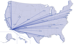 Схема внутренних маршрутов из Аэропорта Сан-Диего (сентябрь 2008 года)