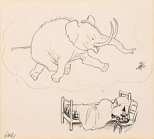 Heffalump, die droomde van Knorretje.  Tekening door E. Shepard - de eerste illustrator van A. Milne's verhalen over Winnie de Poeh.