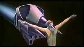 Робот, охотясь за влетевшей в дом чайкой, протыкает распятие Иисуса Христа (кадр из мультфильма)