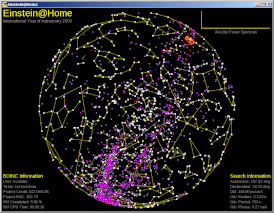 Скриншот программы во время расчета. Белые точки — основные звезды звездного неба, входящие в состав созвездий; фиолетовые точки — известные радио-пульсары; темно-красные точки — остатки сверхновых; оранжевый прицел — исследуемая область неба; красные, зеленые, синие и серые отрезки — гравитационные детекторы