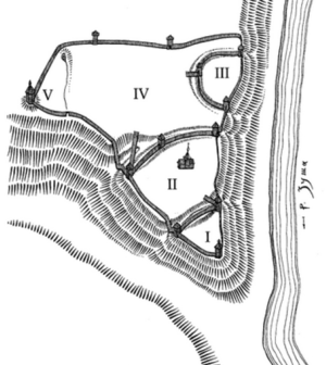 Схема-план городища (реконструкция-гипотеза). I — детинец, II — окольный город, III — феодальная усадьба, IV — посад, V — башня для защиты родника
