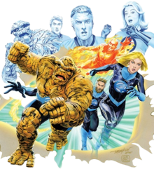 Фантастическая четвёрка на варианте обложки Fantastic Four vol. 6 (Август, 2018)Художник — Майк МэйхьюСлева направо: Существо, Человек-факел, Мистер Фантастик и Невидимая леди