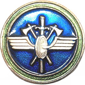 Петличный знак с эмблемой ведомственной охраны Росжелдора (эллипсообразное колесо с крыльями, за которым расположены скрещенные меч и пожарные топоры[9].