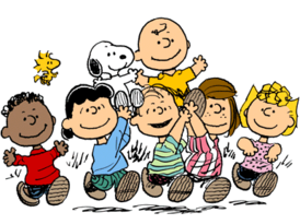 Персонажи комикса, верхний ряд, слева направо: Вудсток, Снупи, Чарли Браун нижний ряд, слева направо: Франклин, Люси, Лайнус, Пепперминт Пэтти и Салли Браун