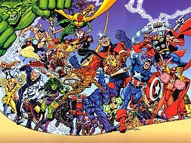 Некоторые Мстители на развороте обложки Avengers (vol. 3) № 1 (февраль 1998) художник Джордж Перес