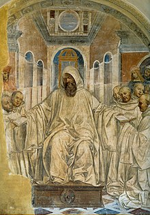 Содома. Бенедикт вручает монахам свой устав правил. Фреска. 1505-8. Монте Оливето Маджоре