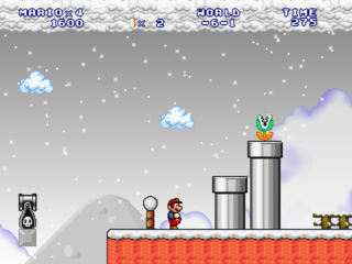 Пример уровня −6-1 с улучшенной зимней атмосферой в игре Mario Forever Remake v2.7, нежели в оригинальной игре Super Mario Bros. версии SNES (Super Mario All-Stars)