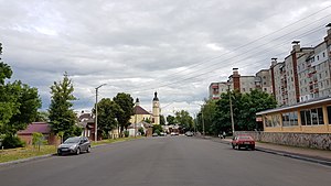 участок между улицами Киевская и Гоголя: слева усадебная застройка и Костёл Сошествия Святого Духа, справа многоэтажный жилой квартал