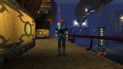 Игровой процесс The Nomad Soul. Персонаж игрока, находящийся по середине, исследует окрестности Омикрона