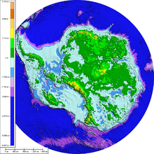Подлёдный рельеф Антарктиды без учёта поднятия земной коры после таяния ледникового покрова и повышения уровня моря