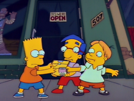 Барт, Милхаус и Мартин с только что купленным комиксом.