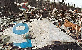 Последствия катастрофы — на обломке фюзеляжа видна часть надписи «AEROFLOT»