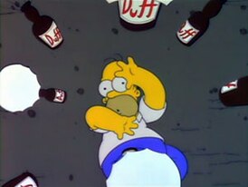 На Гомера падают сотни пивных бутылок из дирижабля „Дафф“, и он пытается избавиться от соблазна