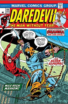 Первое появление Серебряного Самурая. Обложка комикса Daredevil #111 (Апрель 1974) Художник — Уильям Роберт Браун.