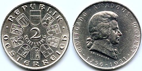 2 shilling 1931 - Østrigsk erindringsmønt dedikeret til 175-året for Mozarts fødsel