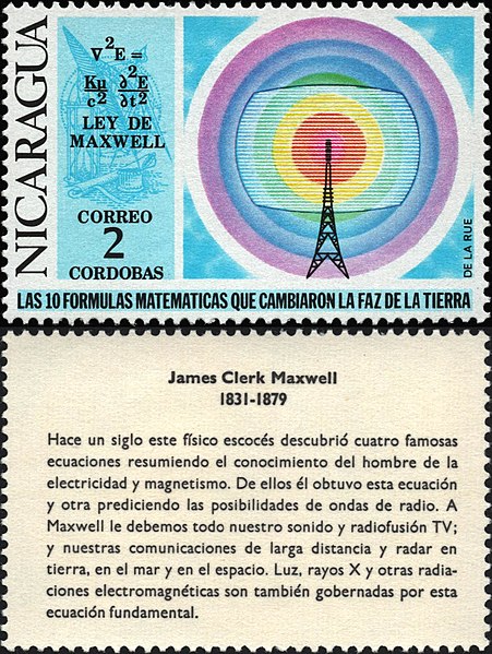 Файл:Nicaragua 1971 Mi 1617 stamp and back (The Ten Mathematical Equations that Changed the Face of the Earth. Maxwell's law - electromagnetism).jpg