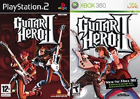 Изображения двух Box Art'ов Guitar Hero II. Слева: PlayStation 2, PAL. Справа: Xbox 360, NTSC.