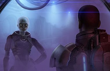 Утверждённый концепт-арт Тали без маски, созданный во время разработки первой части Mass Effect[48], от которого впоследствии было решено отказаться в пользу более человеческой внешности в следующих частях Mass Effect