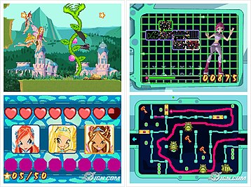 Слева — скриншот режима Story: Блум, Стелла и Флора летят на фоне Алфеи.Справа — скриншот мини-игры Maze Escape.