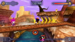 Этап «Frontier Canyon». В верхней части экрана слева-направо: счётчик колец, счётчик времени и новая шкала, показывающая сколько колец игрок собрал для активации специальной способности; внизу экрана находится шкала, показывающая в каком отрезке уровня сейчас находятся персонажи; в нижнем правом углу отображается текущая позиция персонажа, в левом — подобранный бонус[4]