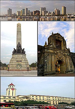 From top: Manila skyline, Rizal Monument, Fort Santiago, and Manila City Hall