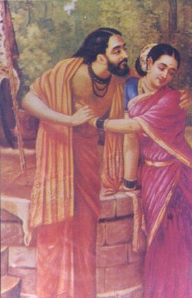 Arjuna sarta Subadra (katuhu). (Lukisan India karya Raja Ravi Varma)