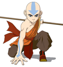 Aang kneeling in a battle pose, holding his staff behind him.