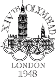 The Palace of Westminster, a Gothic architecture building with two towers, sits behind the Olympic rings. The words "XIVth Olympiad" is written across the top in a semi-circular shape, while the words "London 1948" is written at the bottom of the logo.