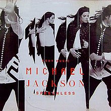 The cover to "Speechless" features a man with long dark hair in four different poses. He is against a white background and his name (Michael Jackson), as well as "Sony Music" and "Speechless" are printed in red toward the bottom of the cover.