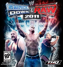 On the left, a large bald wrestler in a wrestling singlet clenches his fist, in the middle another wrestler wearing jeans holds his arms up, on the right, a blonde man holding a wrestling title belt screams into a microphone. Above them is a logo that reads "WWE Smackdown vs. Raw 2011. In the lower left is a logo that reads "RP" and in the bottom right is a logo that reads "THQ".