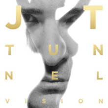 A black-and-white close-up of a man's face within a naked woman's silhouette. With golden letters within the covers the words 'JT' and 'Tunnel Vision' are written.