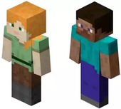 Isometric view of both Alex (left) and Steve (right). They are blocky figures made up of rectangular cubes. Alex is a feminine-looking character. She has long orange hair painted on the skin and skinnier arms. Steve is more masculine-looking. He has short brown hair and thicker arms than Alex.