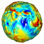 Dünyanın NASA'nın GRACE misyonunda ölçülen yerçekimi, ideal düz bir Yerküre'nin teorik çekimden farkı göstermektedir. Bu ideal şekle Dünya elipsoidi denir. Kırmızı bölgeler, çekimin idealden fazla olduğu yerleri, mâvi bölgeler de daha hafif olduğu yerlerdir.