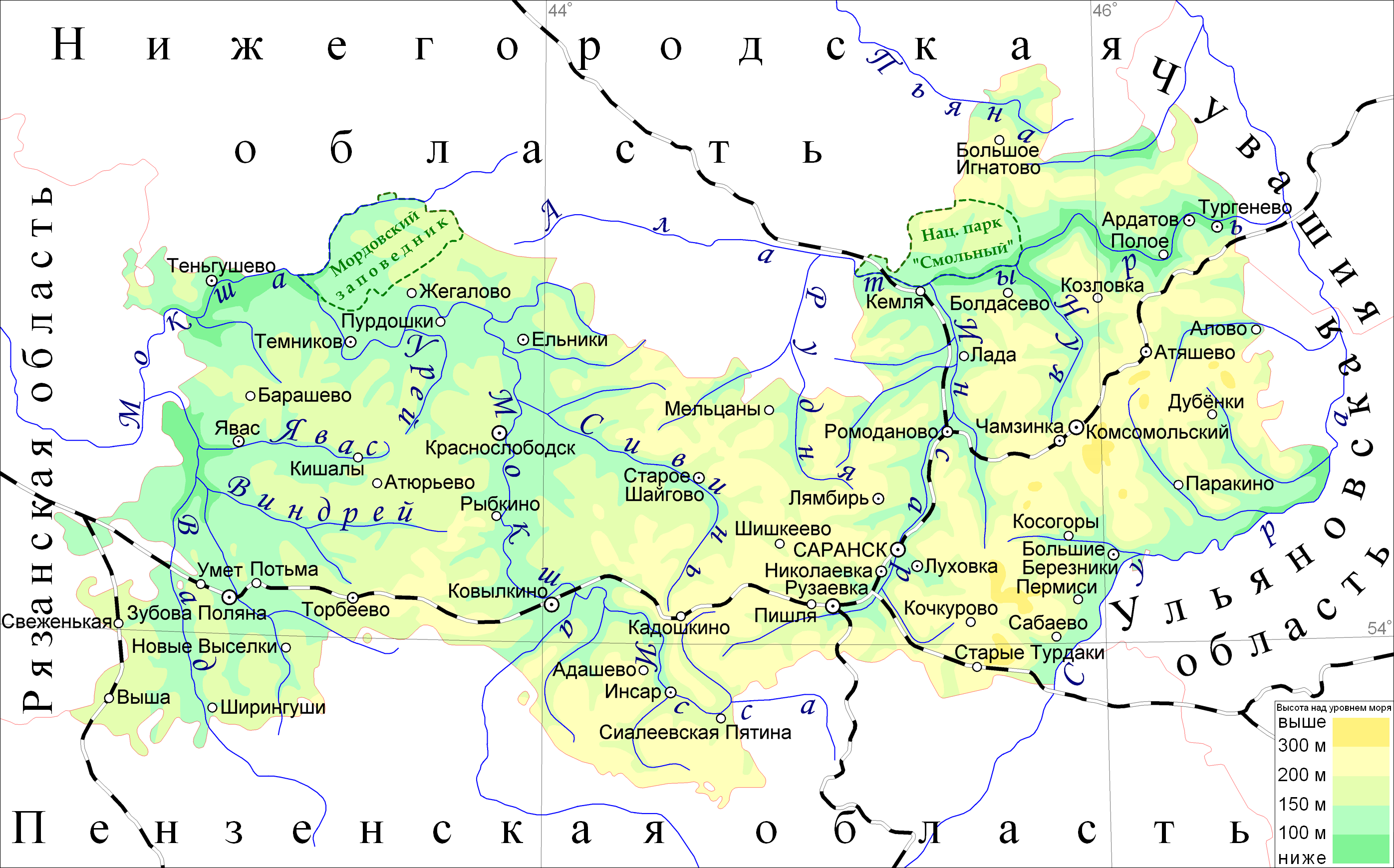 Саранск какая область. Карта Республики Мордовия с реками. Реки Мордовии на карте. Республика Мордовия физическая карта. Мордовская Республика на карте.