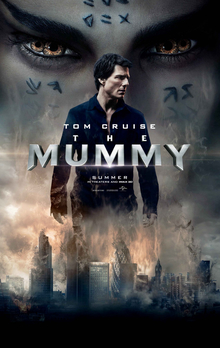 The poster features skyscrapers stuck in a blizzard, in the center. Upon which Tom Cruise appears, whose face is looking somewhere else. Behind him, face of Egyptian Princess appears, spread upon whole top-half portion. The princess has two irishses in each eye, which appears like she got four eyes. Above all these, in the center, title: THE MUMMY, appears.