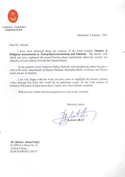 فائل:Turkish Amabassador to Pakistan Letter to Iftikhar Ahmad Hafiz.jpg