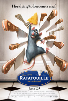 Protagonist Remy is smiling nervously as he clings to a piece of cheese while he is pinned to a door by sharp knives and forks. The film's tagline, 