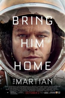The tired and worn face of a man wearing a space suit, with the words "Bring Him Home" overlaid in white lettering. In smaller lettering the name "Matt Damon" and the title "The Martian".