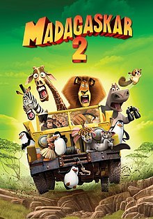 Theatrical release poster showing close-ups of Alex, Marty, Gloria and Melman, with King Juilen, Maurice and Mort on top of their heads, and below are the penguins, all on the foreground. The background is a group of animals behind them.