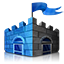 Logo của phần mềm Microsoft Security Essential: một lâu đài màu xanh dương với lá cờ trên nóc và hai cánh cổng