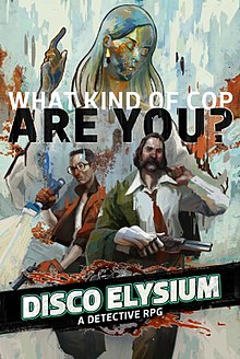 Abstracted, painterly image of the main characters of Disco Elysium beneath the words "What kind of cop are you?" and a female statue
