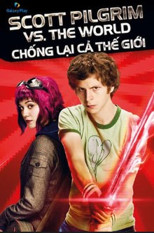 A pink-haired girl named Ramona, standing back to back with a boy in a red t-shirt, Scott Pilgrim. Behind them pictures of her seven evil exes.