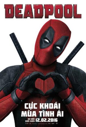 Official poster shows the titular hero Deadpool standing in front of the viewers, with hugging his hands, and donning his tradional black and red suit and mask, and the film's name, credits and billing below him.