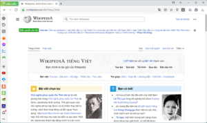 Màn hình Cốc Cốc phiên bản 112.0.130 đang hiển thị trang chủ của Wikipedia Tiếng Việt